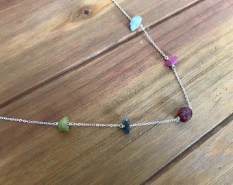 Raw Mixed Stone Choker Necklace ~ Garnet, Pink Tourmaline, Aquamarine, Blue Tourmaline & Green Apatite ~ Sterling Silver ~ Minimalist