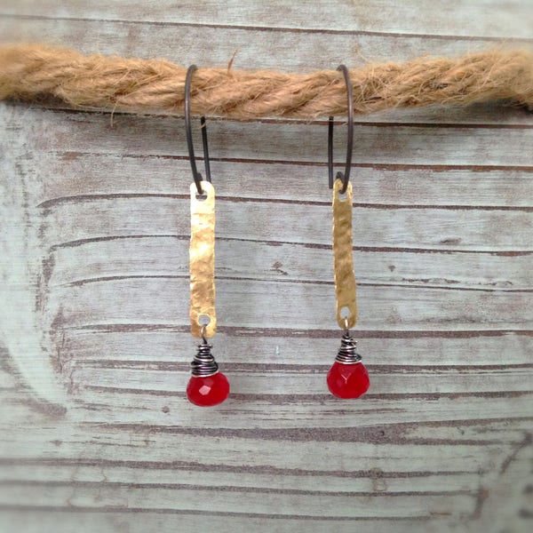 Ruby Red Drops ~ Textured Brass & Ruby Red Quartz Drop Earrings ~ Oxidized Sterling Silver ~ Wire-Wrapped Earrings ~ Lightweight Earrings