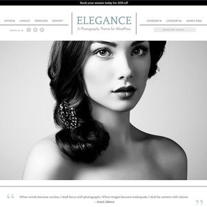 May include: Black and white portrait of a woman with dark hair and a decorative hair accessory. The website header reads "ELEGANCE A Photography Theme for WordPress". The image includes a quote by Ansel Adams.