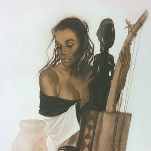 African American Art - &quot;Musical Interlude&quot; - Afrocentric Art Print of Black Woman with Musical Instrument - Henry C. Porter