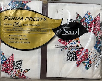 Dresden Star Vintage Bed Sheet - Double Flat w/ Quilt Pattern - Sears, PermaPrest No Iron, Cotton Poly Blend - Canada, 1960s - New Old Stock