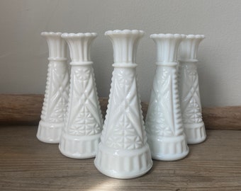 Milk Glass Vases - Five Anchor Hocking Bud Vases - 6" Tall - Classic White - Vintage Farmhouse Wedding Centrepiece Decor