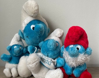 Smurf Plush Toys - Set of 4 Smurfs - 1980's Stuffed Smurfs, Papa Smurf - Various Sizes - 1 Large, 2 Medium, and 1 Small