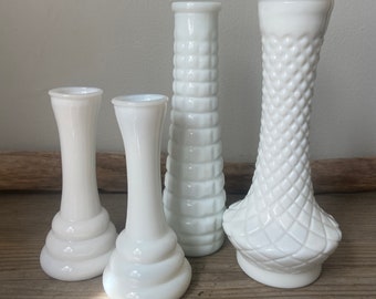 Four Bud Vases - 2 Tall, 2 Short, 9 to 6" tall - Vintage White Milk Glass Vases - Classic White - French Country - Grannycore - Home Decor