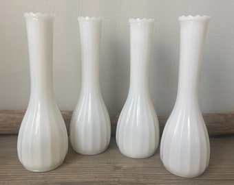 Milk Glass Vases - Set of Four Matching Bud Vases - Slim, Ribbed Design w/ Scalloped Edge - Classic White - Wedding or Shower Decor