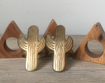 Five Napkin Rings - Brass Cactus & Wood Triangles - Mismatched Rings Plus Cloth Napkins - 16" Square Yellow Floral - Eco Friendly, Reusable