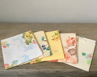 Vintage Floral Fabrics - Five Vintage Sheet Fat Quarters - Midcentury Textiles - Cotton, Cotton Blend - Yellow, Peach, Cream & White