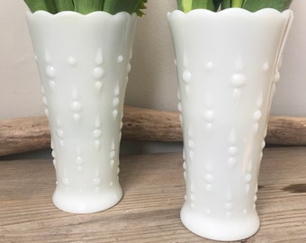 Two Milk Glass Vases - Anchor Hocking, Dot and Arrow - Teardrop and Pearl Pattern, 7.25" Tall, Scalloped Rim, White - Vintage Grannycore