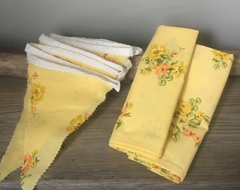 Yellow Flag Banner - 12 Ft. Bunting Banner - Handmade Vintage Floral Fabric - Plus 2 Matching Cloth Napkins - Picnic, Birthday, Shower Decor