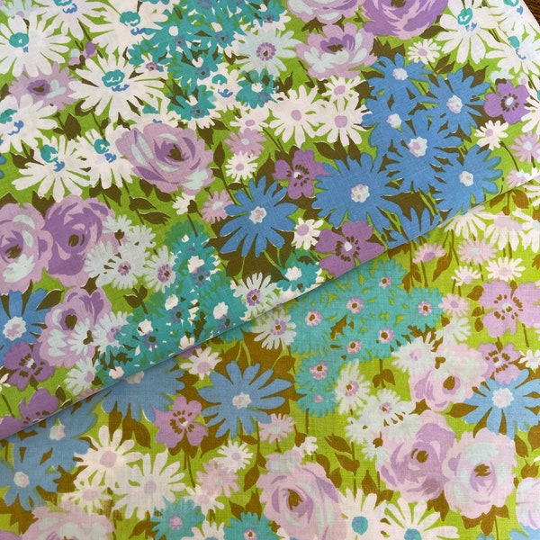 Vintage Sheet Set - Two Flat Double Tops - Bold Floral Fabric in Blue, Purple, Green - Bedding / Crafts / Sewing / Quilt Textiles