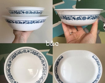 Old Town Blue Pattern - Pyrex, and Corelle - Navy Blue Onion Floral on White - Bowls, Side Plates, Cream and Sugar, Glasses - 1970s