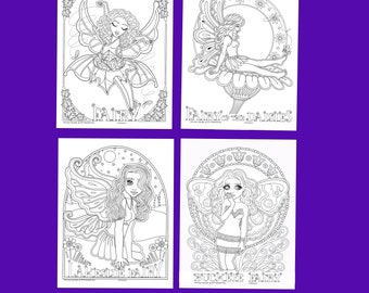 Fairy Coloring Collection #1, Printable Coloring Pages of Fairies, Digital Download Coloring Pages