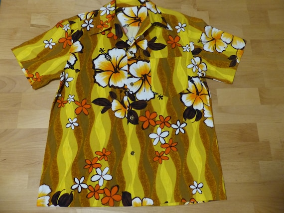 70's Hawaiian Bark Cloth Aloha Shirt Hibiscus patt