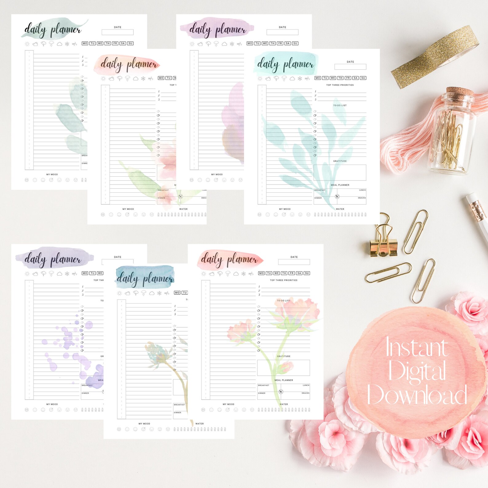 Daily Planner Printable, Meal Plan, Water Tracker, Mood Tracker, Time Blocking, Watercolor, Mom ...