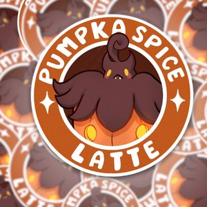 May include: A brown and orange sticker with the text "Pumpkin Spice Latte" in a white circle. The sticker features a cartoon illustration of a brown pumpkin with a face and a swirl on top.