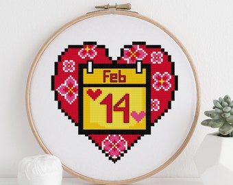 Patrón de punto de cruz para San Valentín en PDF: Calendario de corazones con flores de Sakura. Descarga digital rápida y sencilla.