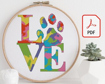 Patrón de punto de cruz con diseño de pata de camuflaje en PDF / Homenaje conmemorativo para mascotas, descarga instantánea. Estilo camuflaje.