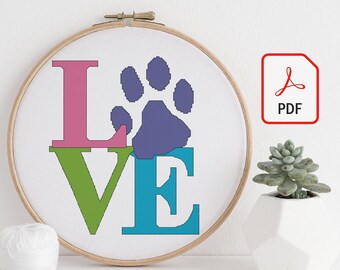 Patrón de punto de cruz con huella de pata de amor en PDF / Regalo para amantes de las mascotas Descarga instantánea Decoración para el hogar para perros y gatos