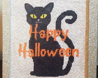 Patrón de punto de cruz de silueta de gato negro de Halloween: decoración de brujas espeluznante, regalo de arte de pared de gatito espeluznante, fácil de usar.