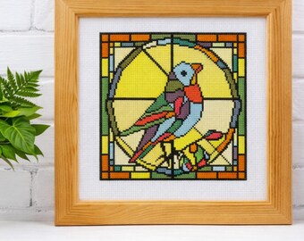 Patrón de punto de cruz de pájaro de vitral PDF Descarga instantánea Diseño de pájaro de mosaico geométrico cuadrado Apto para principiantes