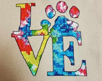 Patrón de punto de cruz con estampado de huellas de amor teñido anudado, recuerdo para mascotas (patrón PDF)