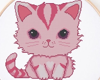 Arte de gatito en punto de cruz, adorable gatito de rayas rosas en punto de cruz, perfecto para la decoración del hogar, regalo para amantes de los gatos, PDF simple y fácil, punto completo