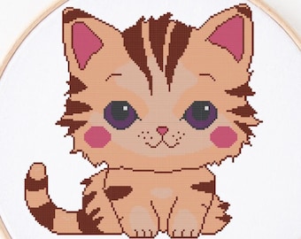 Gatito atigrado rayado en punto de cruz, gato marrón tostado kawaii, patrón PDF caprichoso, descarga de arte digital, lindo gatito caprichoso en punto de cruz