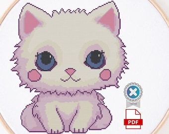 Patrón de punto de cruz de gato kawaii feliz en PDF, gatito blanco de ojos azules, lindo regalo artesanal para amantes de los gatos.