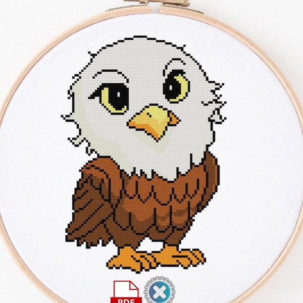 Kawaii Regal Bald Eagle Cross Stitch Pattern PDF, Cute Bird, Americana, DIY Craft, Digital Download