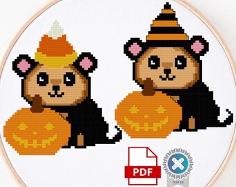Hámster o ratón con calabaza y sombreros de Halloween, un caramelo de maíz, PDF, punto de cruz, decoración de pared de otoño, apto para principiantes, pequeño y rápido