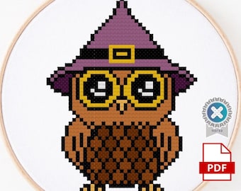 Búho con sombrero de bruja para Halloween, punto de cruz en PDF, compatible con Pattern-Keeper, ideal para principiantes, decoración o arte de pared, pequeños adornos, bonito