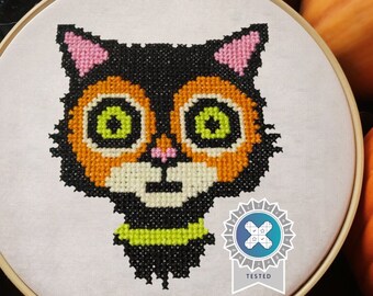 Patrón de punto de cruz de gato loco de Halloween: gato negro con ojos locos: descarga instantánea en PDF, gato atigrado espeluznante, patrones rápidos, principiante