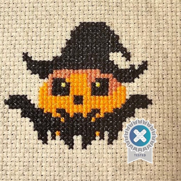 Mini Halloween Jack-o'-Lantern and Mischievous Bat Ornament Digital Cross Stitch Pattern PDF - Witch hat fun, cute, and gothic home decor