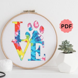 PDF Love Paw Print Tie Dye Cross Stitch Pattern | Pet Lover Cross Stitch, cadeau de propriétaire d'animal familier, point de croix de parents d'animal familier, pont d'arc-en-ciel, empreinte de patte