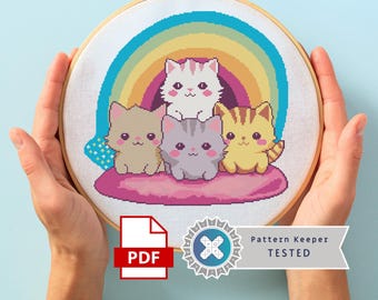 Diseño de punto de cruz para la pérdida de una mascota: gatitos arcoíris, memorial para gatos, huella de pata conmovedora, PDF digital moderno, grupo felino, colección de gatos.