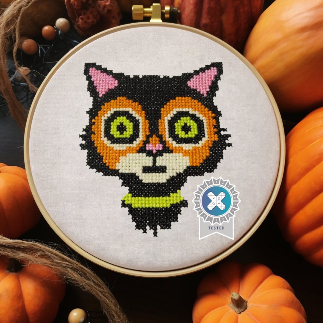 Crazy Halloween Cat Cross Stitch Pattern Black Cat With Crazy Eyes PDF ...