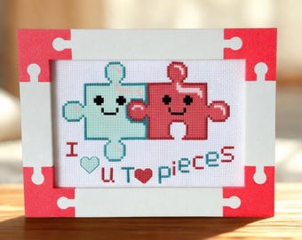 Patrón de punto de cruz "Te amo hasta la médula" en PDF — Diseño de rompecabezas rojo y turquesa, descarga digital