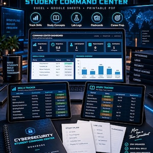 May include: A digital cybersecurity student command center dashboard displayed on a laptop and two tablets, featuring progress charts, skill trackers, and study logs. Includes a printed workbook, study plan sheets, and flashcard templates in blue.