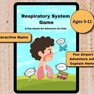 Könnte beinhalten: Eine digitale Illustration eines Spiels zum Thema Atmungssystem für Kinder, das auf einem Tablet angezeigt wird. Das Spiel zeigt einen Cartoon-Jungen, Lungen und ein Flugzeug. Der Text enthält "Respiratory System Game", "Interactive Game" und "Fun Airport Adventure with Captain Hemo!"