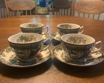 4 Johnson Brothers “The Ice House Friendly Village” Tea Cups And Saucers