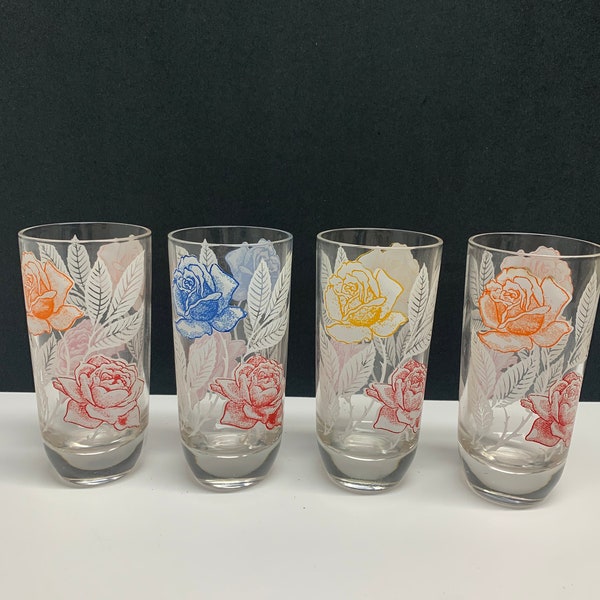 Set of 4 Retro /vintage juice glasses spring rose flower garden swank juice glasses multiple colors