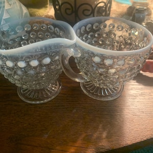 Vintage Anchor Hocking Moonstone Opalescent Hobnail Glass Sugar & Creamer Set