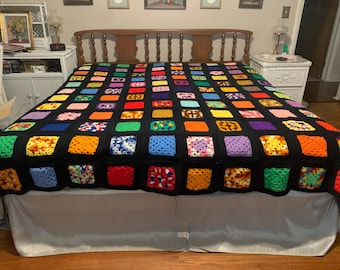 Vtg Queen /King/90”x90” Aftgan Bedspread/Multicolored W/Black Border