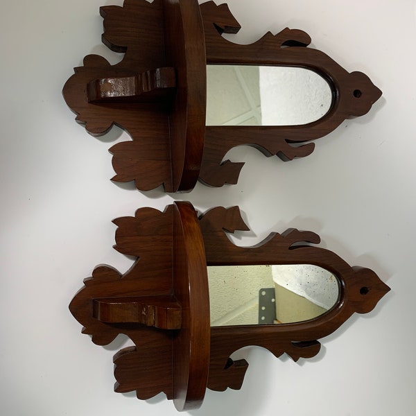 Pair of ornate Victorian carved arched wall shelves with mirrors 8x14”