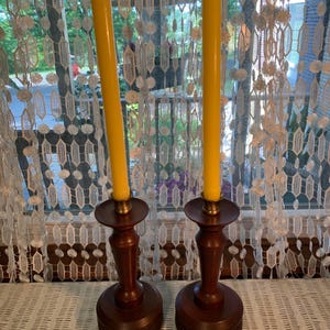 Pair MCM Turned Wood Candlesticks w/Brass Socket insert Candle Cups, Felt Bottom