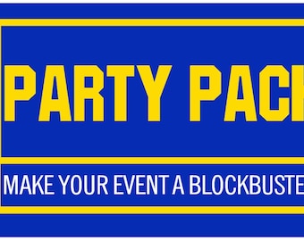 May include: A blue rectangular ticket-shaped graphic with a yellow border. The text PARTY PACK is printed in large yellow block letters, and the text MAKE YOUR EVENT A BLOCKBUSTER is printed in smaller white letters below it on a blue background.