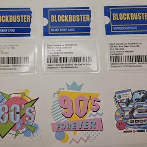 May include: Three Blockbuster membership cards with blue and yellow branding, barcodes, and printed issue dates. Below are three graphic stickers featuring 80s, 90s Forever, and Y2K 2000s text designs with colorful geometric shapes and retro icons.