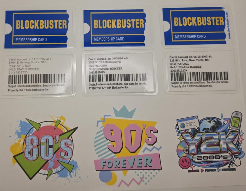 May include: Three Blockbuster membership cards with blue and yellow branding, barcodes, and printed issue dates. Below are three graphic stickers featuring 80s, 90s Forever, and Y2K 2000s text designs with colorful geometric shapes and retro icons.