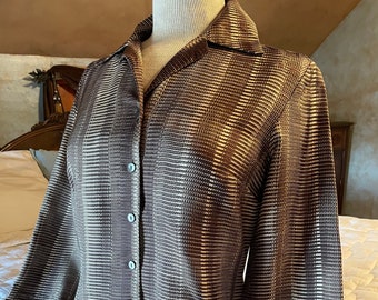 Kenneth Cole, New York Silk Blouse Geometric, Variegated Pattern of Chocolates and Tans