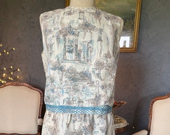 1960's Two Piece Ivory with Baby Blue and Charcoal, Impressions Styled Garden Motif, Top and Skirt